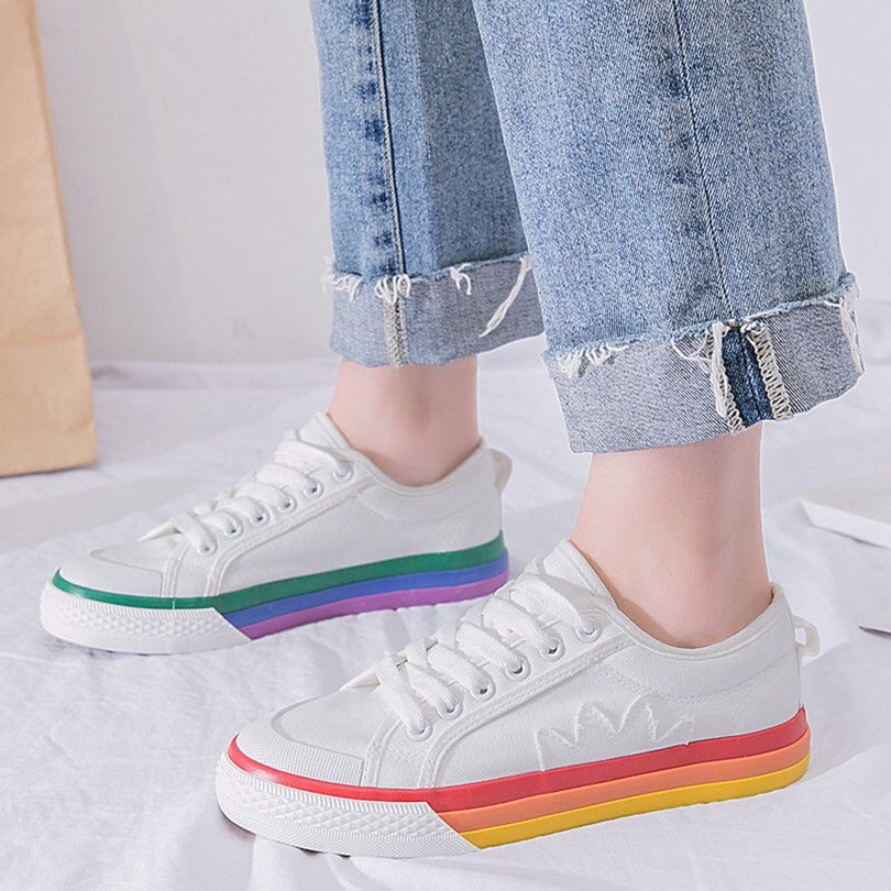Rainbow Canvas Shoes Women’S Color Matching White Shoes Casual Shoes