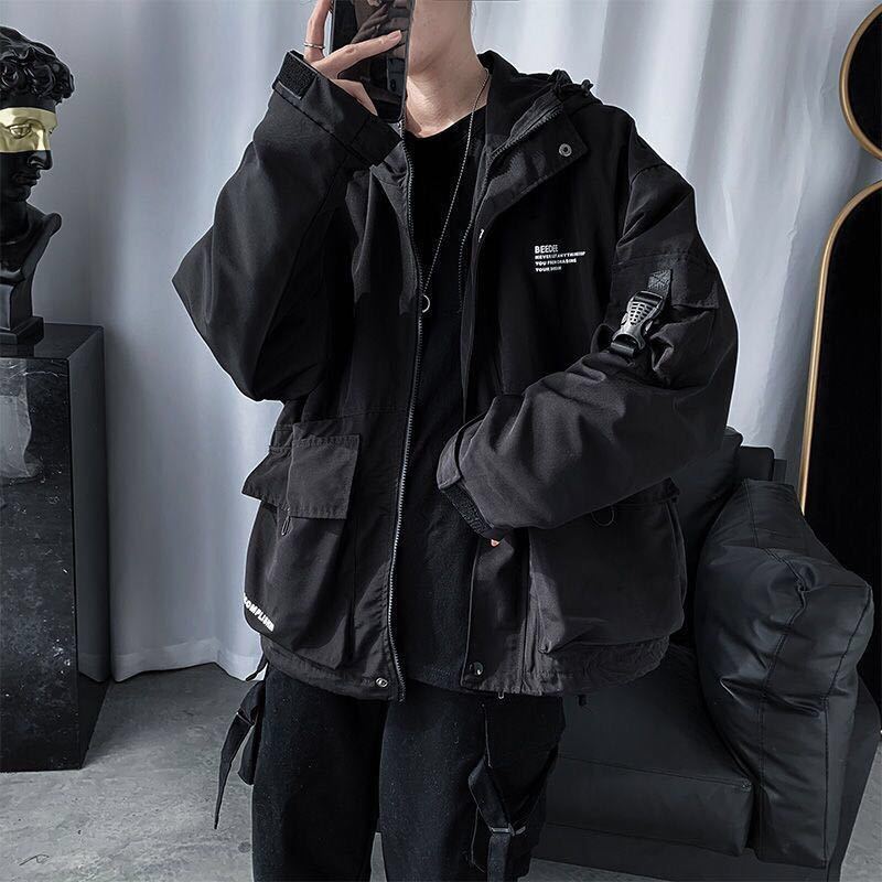 Techwear Jackets Coats Streetwear Cardigan Casual Bomber Outerwear Hooded Letter Multi-pocket For Men