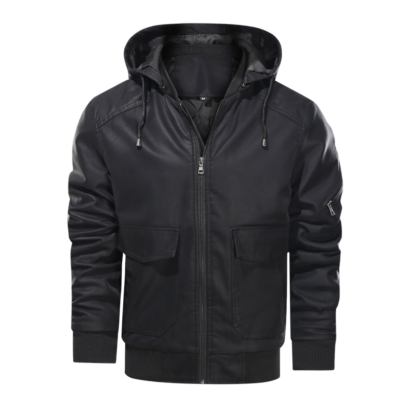 Men Leather Jacket Motorcycle PU Hooded Solid Thick Men Coats